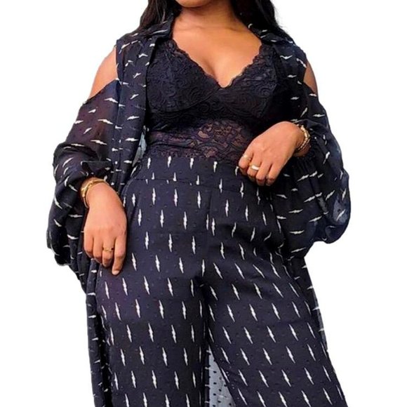 Navy 2 piece Kimono Robe & High Waisted Pants - Picture 3 of 5